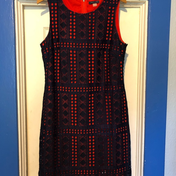 Tommy Hilfiger Red & Navy Sleeveless Dress Size 10 Lace Cutout Preppy Americana - Picture 4 of 5